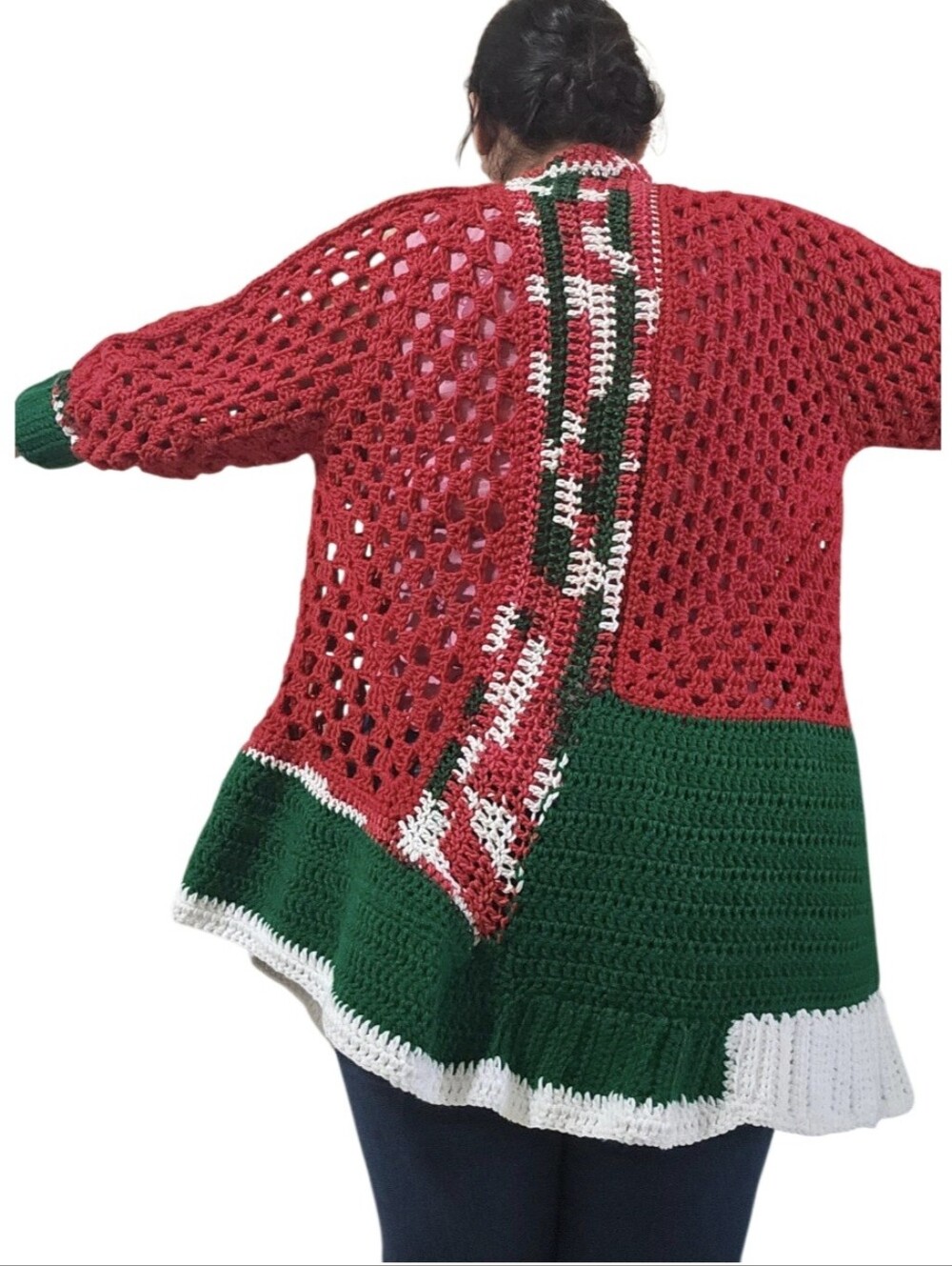 Handmade Crochet Christmas Cardigan Red Green White Grannycore OOAK Sweater - Picture 8 of 17